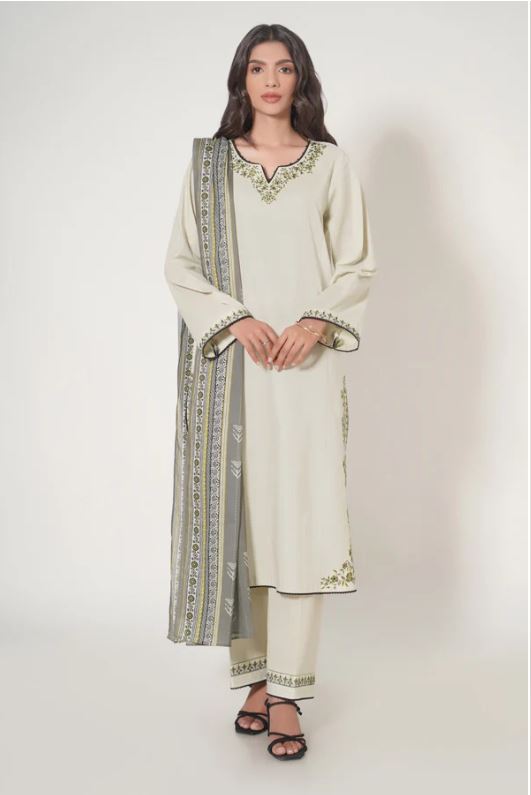 Stitched-3 Piece-Embroidered-Slub-Cambric-Suit